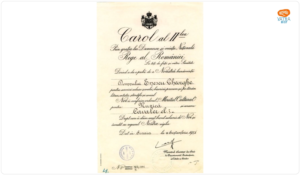 Brevet semnat de regele Carol al II-lea prin care se conferă Ordinul „Meritul Cultural” în grad de Cavaler clasa I lui George Enescu