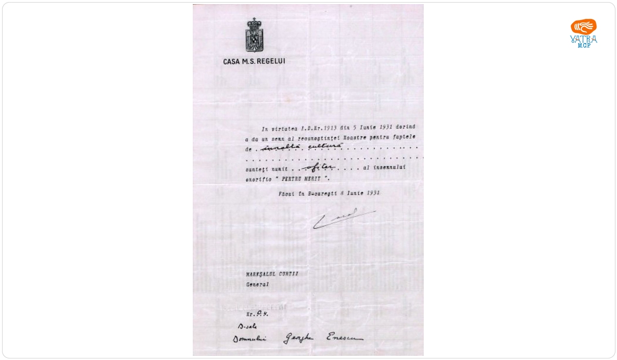 Brevet semnat de regele Carol al II-lea prin care George Enescu este numit Ofițer al însemnului onorific „Pentru Merit”