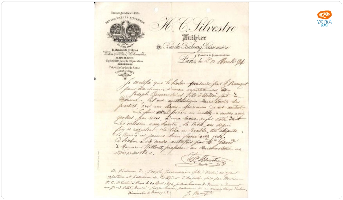 H.C. Silvestre — Certificat de autenticitate pentru o vioară Guarnieri del Gesu, care a aparținut lui George Enescu