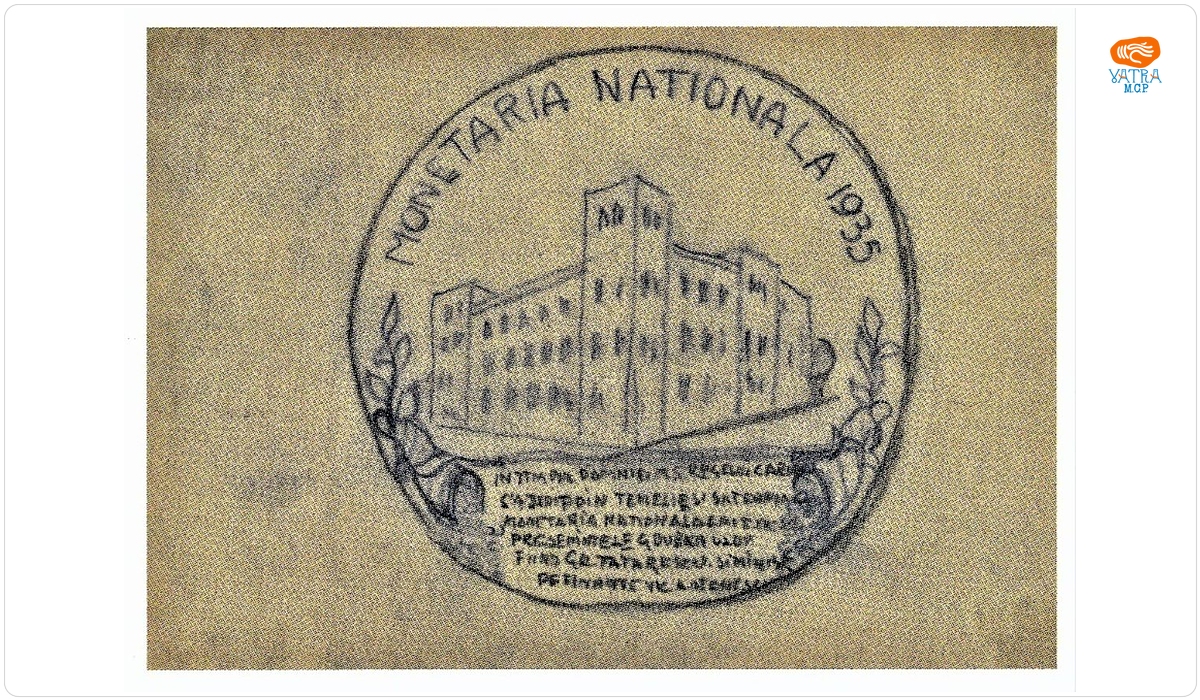 Schiță medalie: Monetăria Națională; Verso: schiță sumară de revers