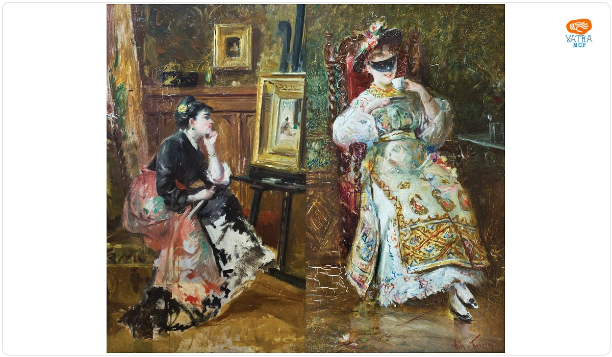 Femeie privind un tablou pe șevalet/Femeie cu mască, în costum național (verso)