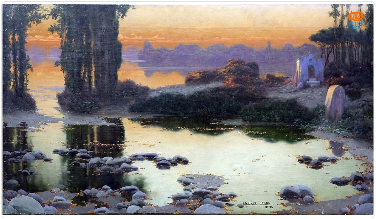 Apus de soare peste un lac cu meandre