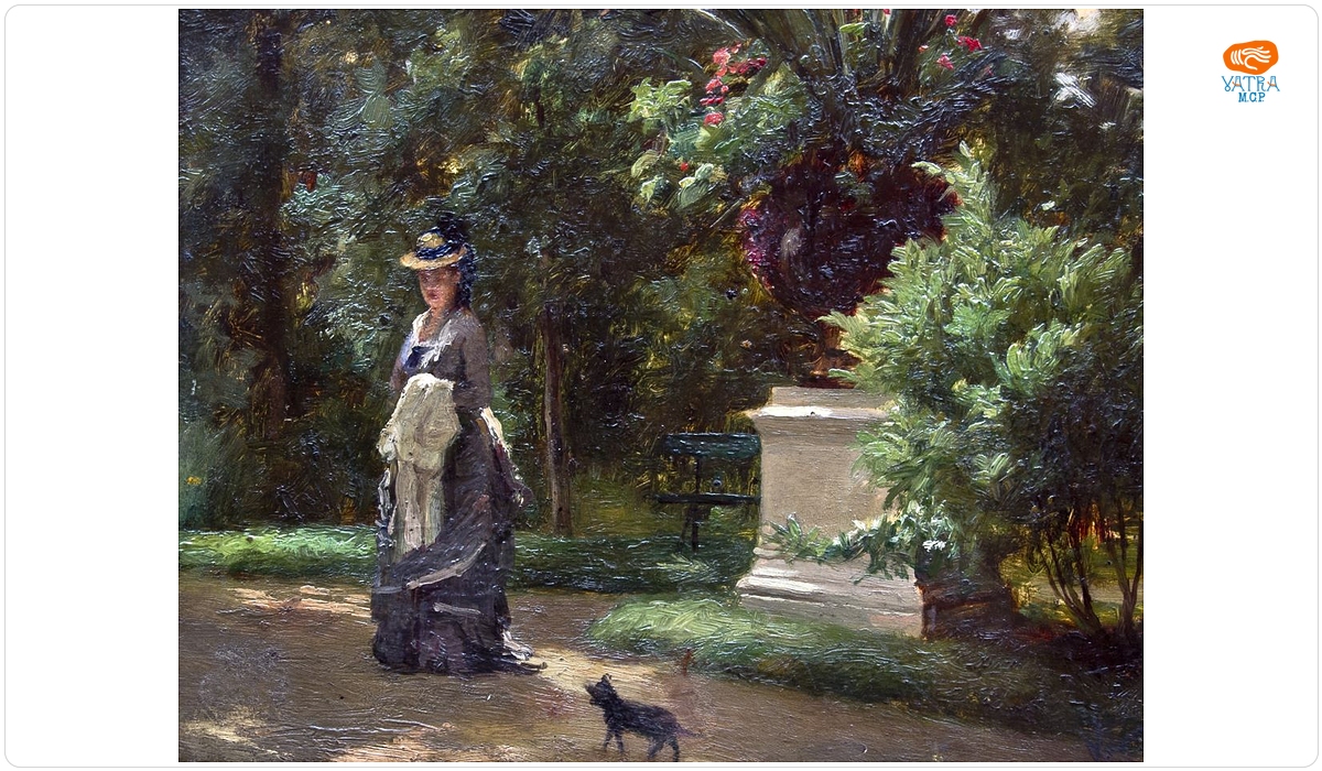 Femeie cu cățelul în parc