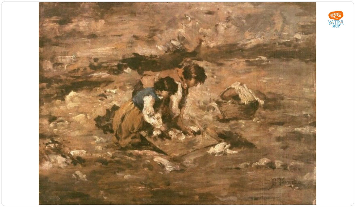 Femei spălând rufe la râu