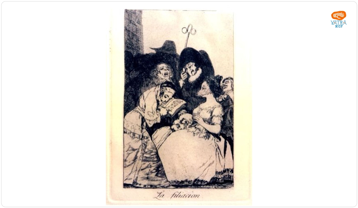 Francesco de Goya y Lucientes — La filiacion (Filiațiunea). Planșa nr. 57 din suita "Los Capricios" (Capricii)
