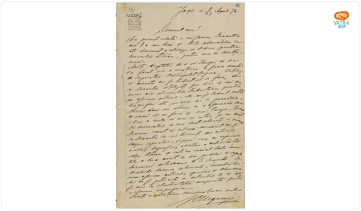 Documentul a fost redactat de Iacob Negruzzi. — Scrisoare adresată de către Iacob Negruzzi lui Ilarion Pușcariu, Iași, 11/ 23 aprilie 1874.