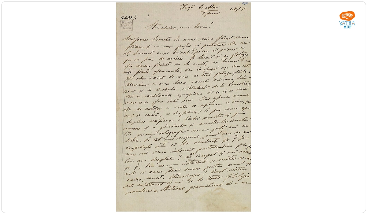 Documentul a fost redactat de Iacob Negruzzi. — Scrisoare adresată de către Iacob Negruzzi lui Ilarion Pușcariu, Iași, 21 mai/ 2 iunie 1878