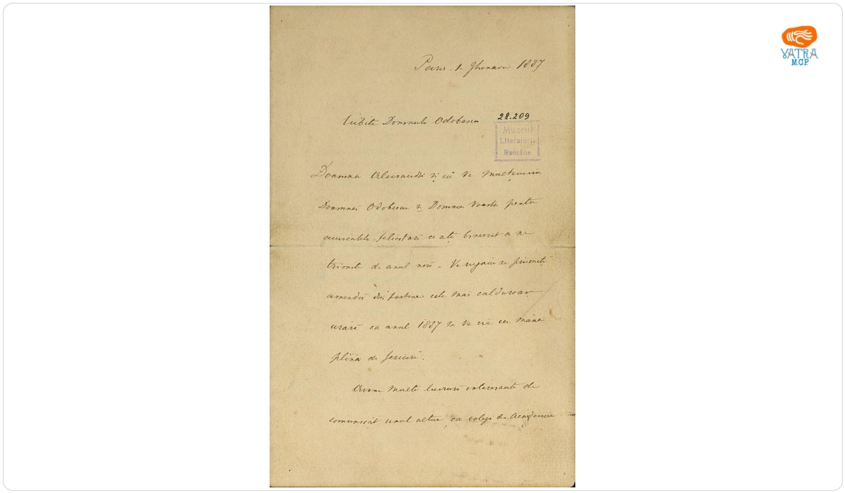 Scrisoare datată „1 ianuarie 1887, Paris“, adresată de Vasile Alecsandri lui Alexandru Odobescu.