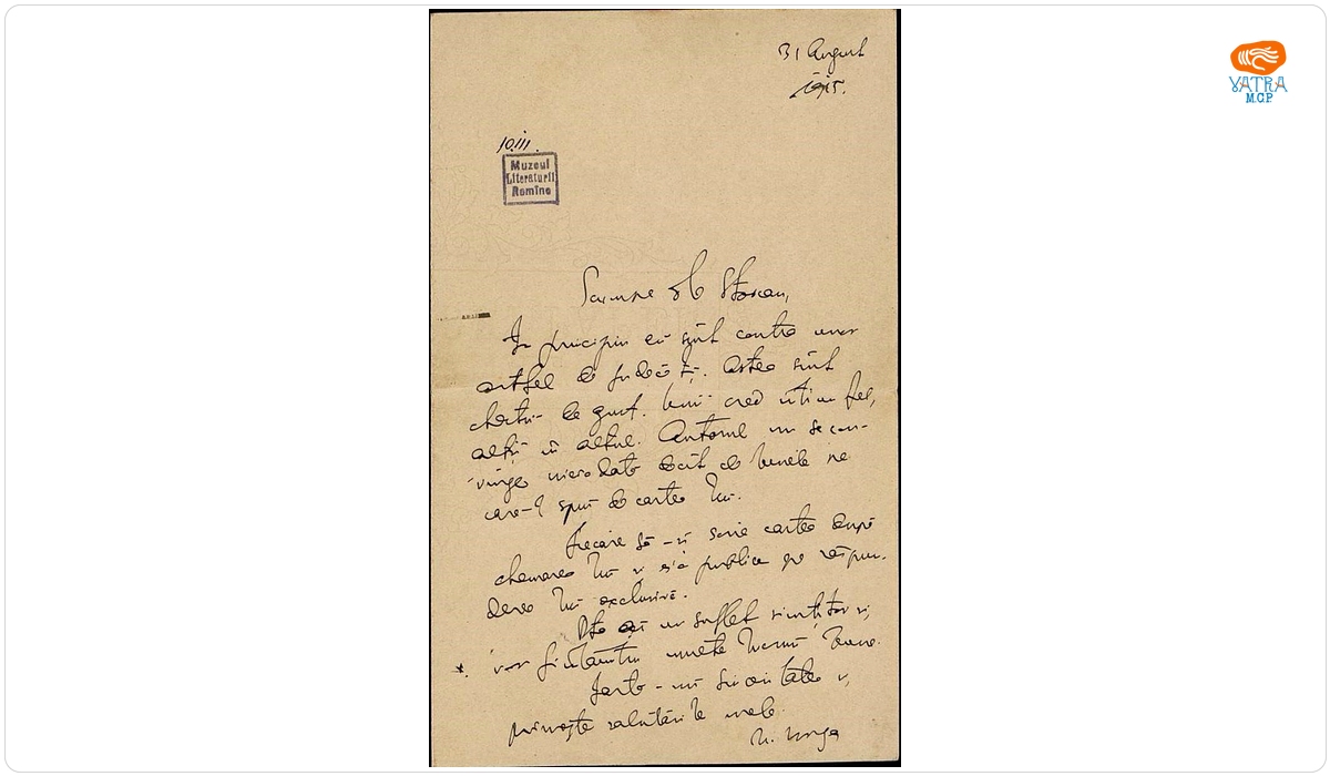 Scrisoare datată „31 august 1915“, adresată de Nicolae Iorga lui I. I. Stoican.