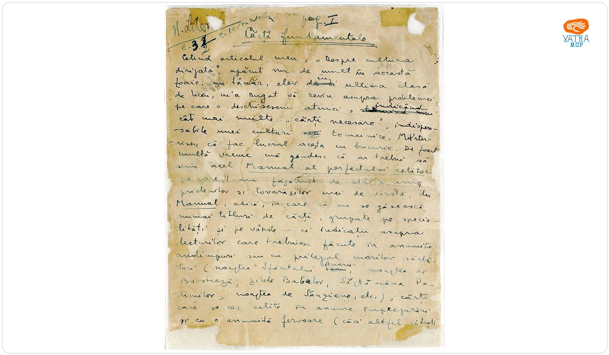Manuscrisul articolului „Cărți fundamentale“ de Mircea Eliade (1940).