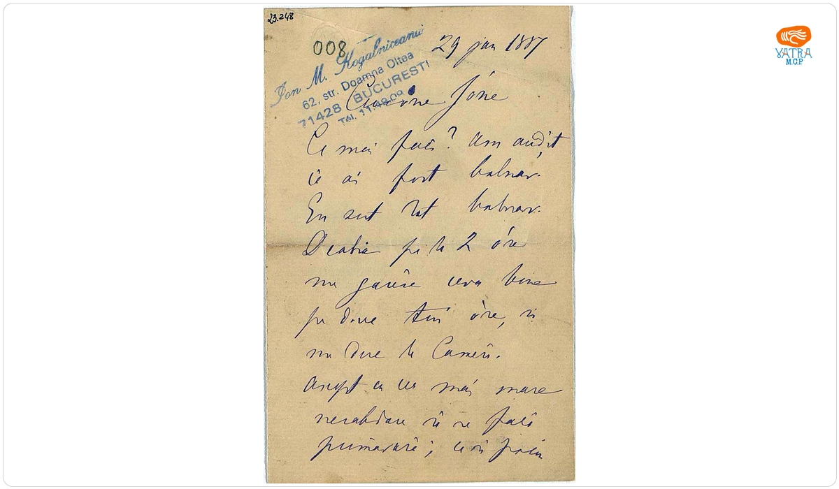 Scrisoare trimisă de Mihail Kogălniceanu fiului său, Ion, pe 29 ianuarie 1887, din București