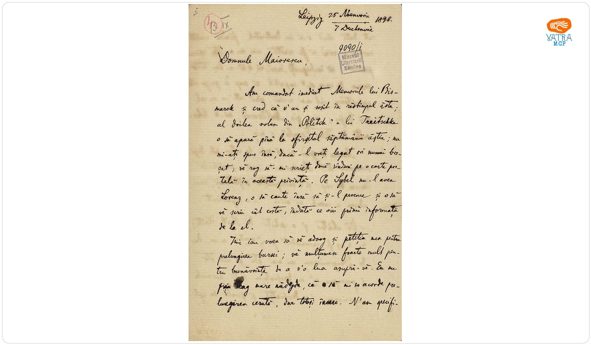 Scrisoare datată „25 noiembrie/7 decembrie 1898, Leipzig“, adresată lui Titu Maiorescu de Ion A. Rădulescu