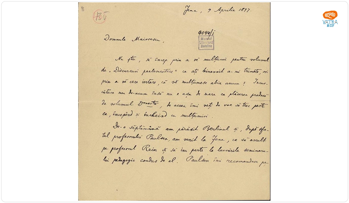 Scrisoarea a fost redactată de Ion A. Rădulescu — Scrisoare datată „9 aprilie 1897, Jena“, adresată lui Titu Maiorescu de Ion A. Rădulescu
