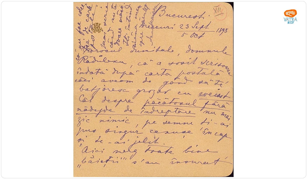 Scrisoare (cu plic) datată „Miercuri, 23 septembrie/ 5 octombrie 1898, București‟, adresată de Anna Maiorescu lui Ion A. Rădulescu