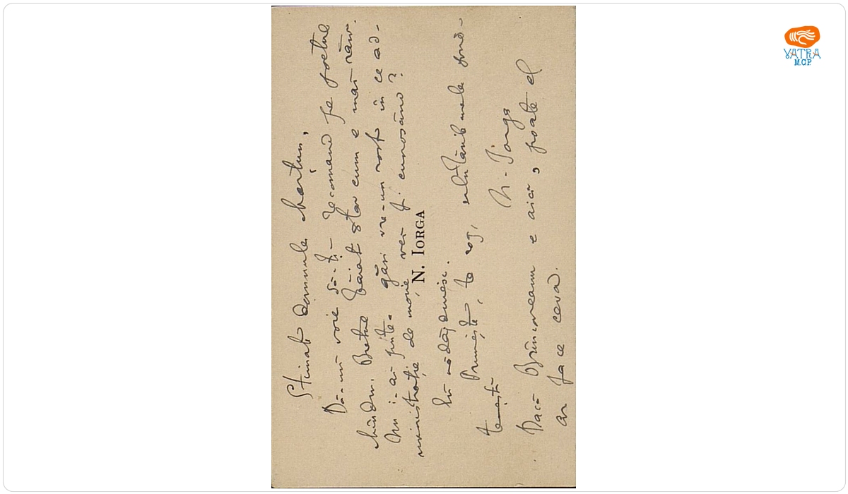 Carte de vizită a lui Nicolae Iorga, pe care este notat un mesaj adresat de acesta lui Vasile G. Morțun