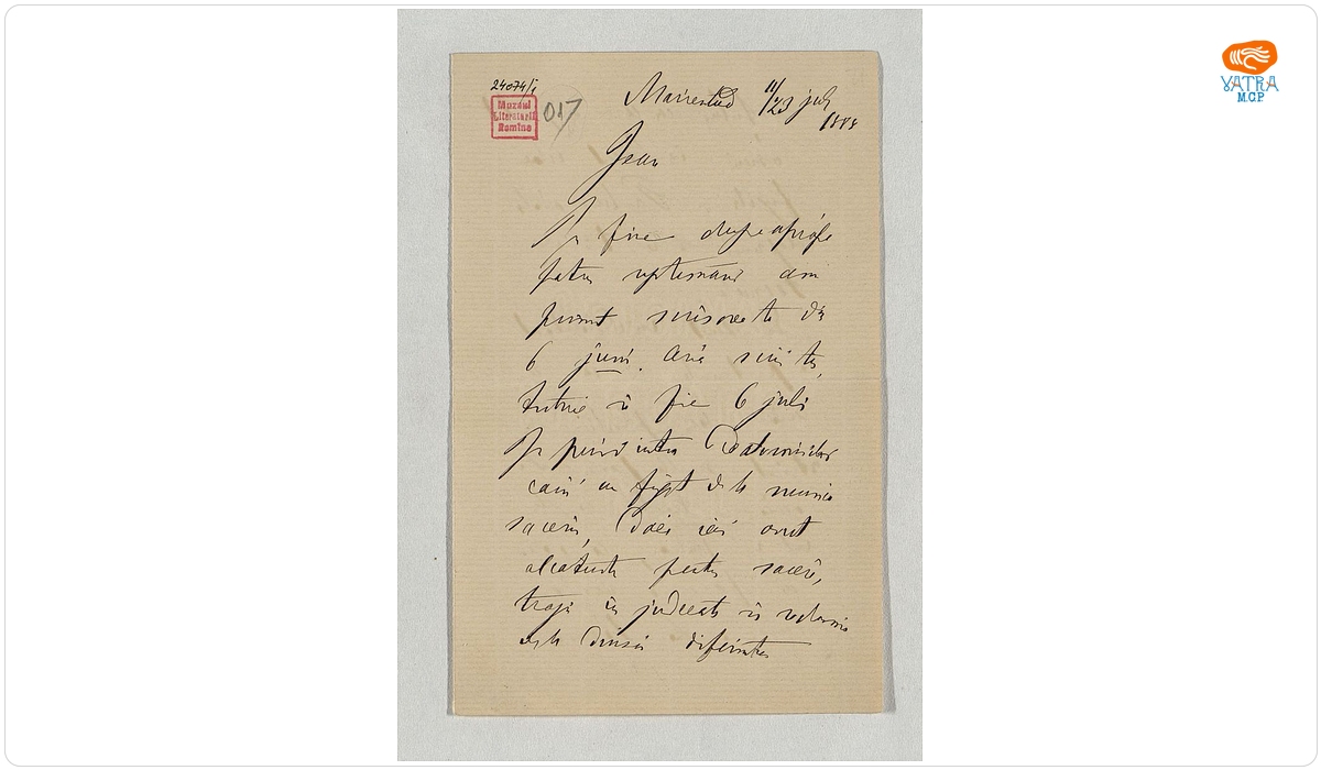 Mihail Kogălniceanu - autor — Scrisoare datată „11/23 iulie 1888, Marienbad“, adresată de Mihail Kogălniceanu fiului său, Ioan