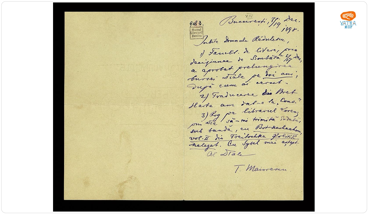 Scrisoare datată „7/19 decembrie 1898, București”, adresată de Titu Maiorescu lui Ion A. Rădulescu