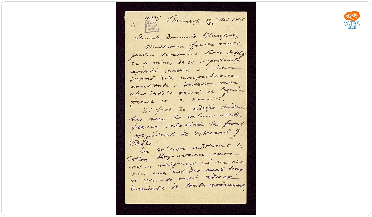 Scrisoare datată „8/20 mai 1897, București“, adresată de Titu Maiorescu lui Alexandru Blancfort