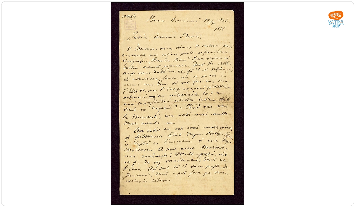 Scrisoare datată „19/31 octombrie 1886, București“, adresată de Titu Maiorescu lui Ioan Slavici