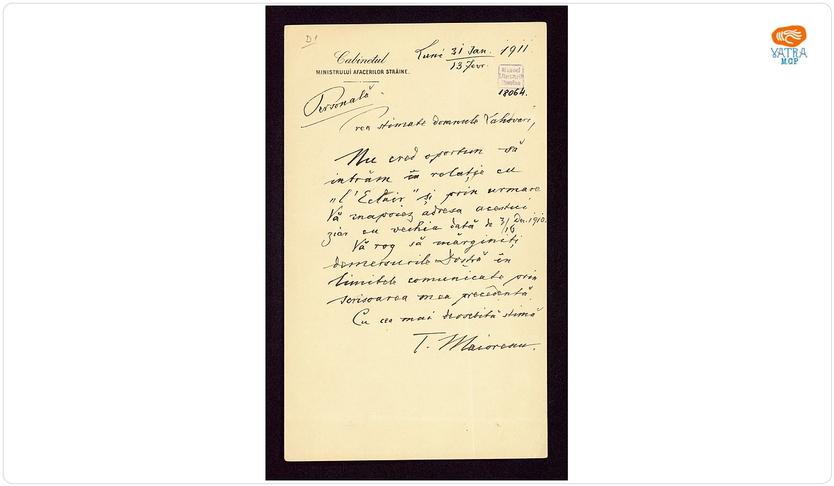 Scrisoare datată „Luni, 31 ianuarie/13 februarie 1911, București“, adresată de Titu Maiorescu lui Alexandru Emanuel Lahovari