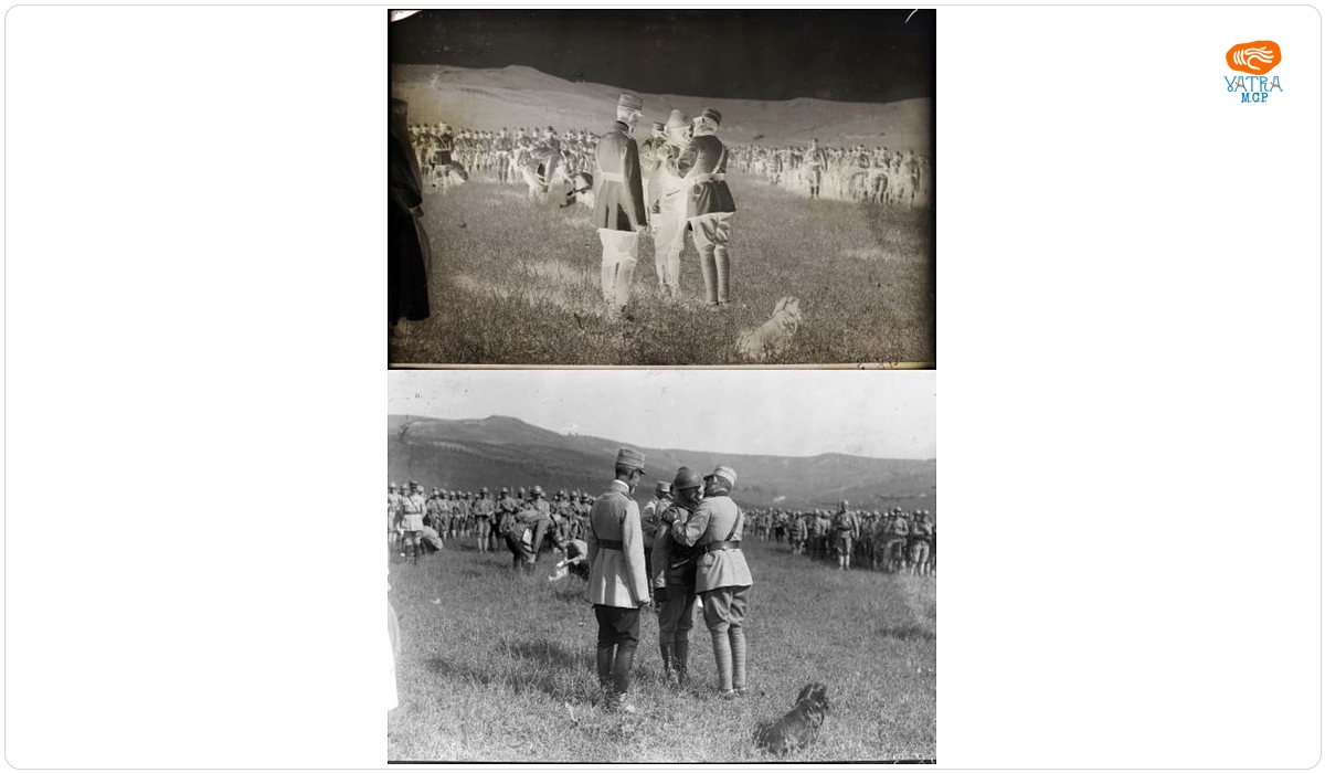 Regele și regina decorând pe frontul din Valea Ocnei, 1917