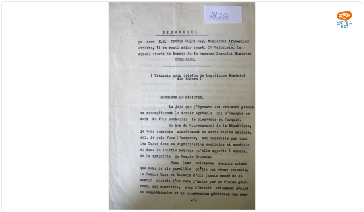Textul discursului ministrului turc Tevfik Rușdi Bey