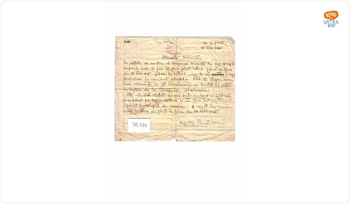 Scrisoare trimisă de căpitanul T.R. Pană Ivan