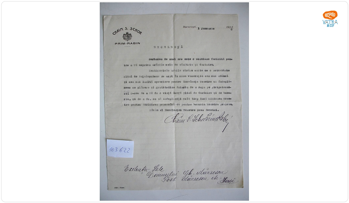 Scrisoare Chaim S. Schor către Gheorghe Mârzescu