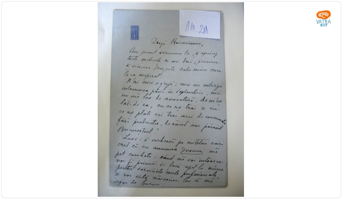 Scrisoarea lui Nicolae Titulescu către Nicolae Raicoviceanu