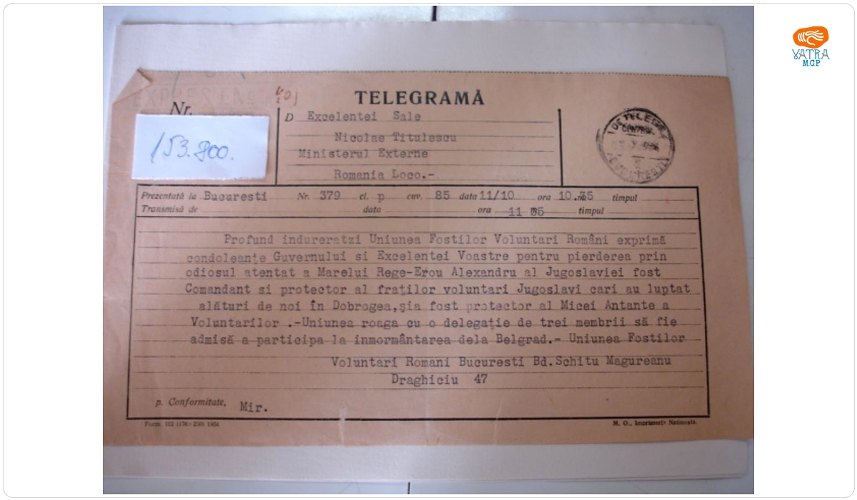 Telegramă trimisă lui Nicolae Titulescu la moartea regelui Alexandru al Jugoslaviei