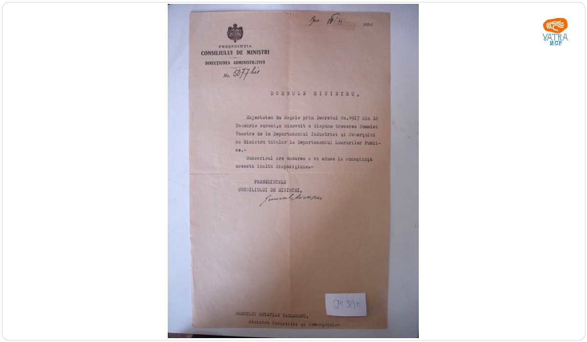 Adresă oficială trimisă de general Averescu ministrului Octavian Tăslăoanu