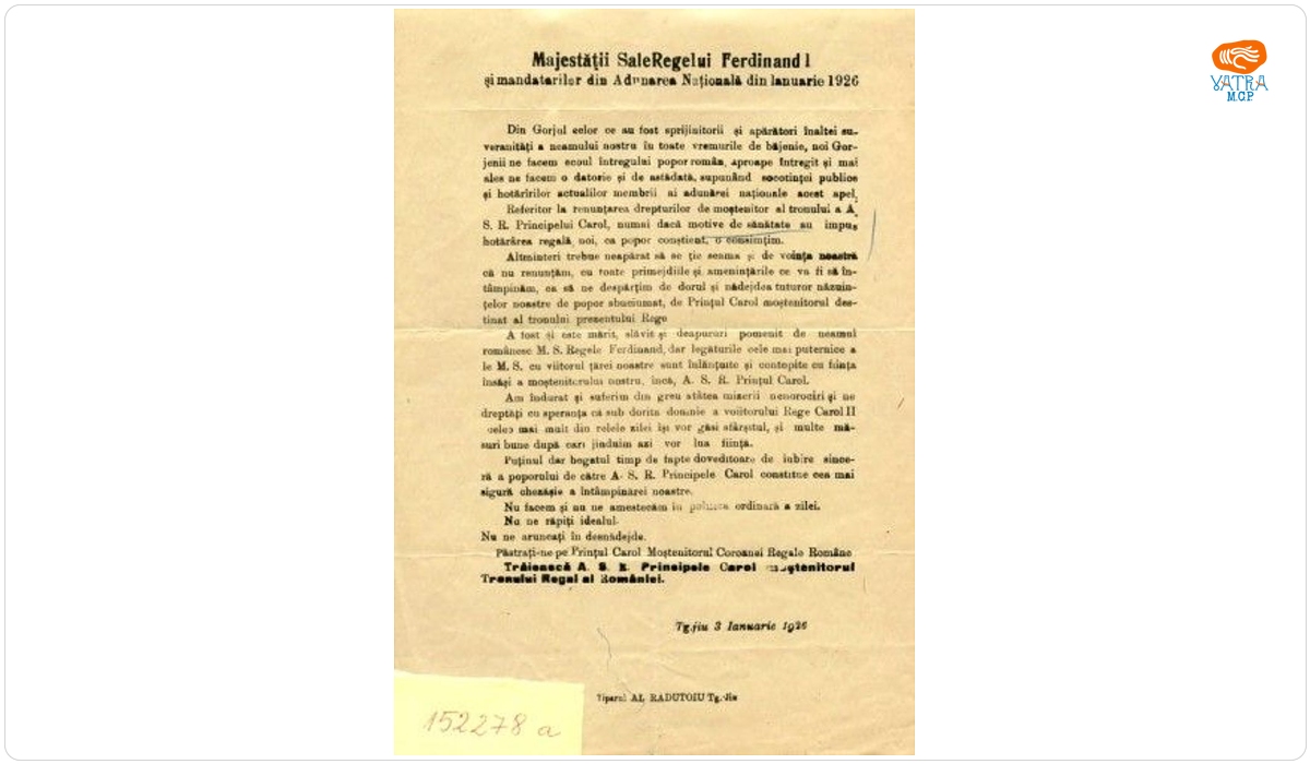Apelul de susținere a Principelui Carol de către locuitorii din Târgu Jiu