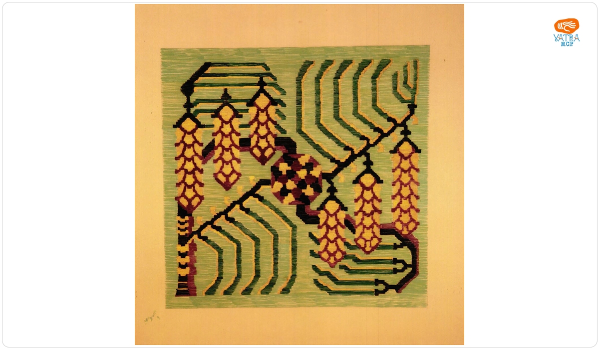 Trei flori stilizate și rozetă cu decor geometric