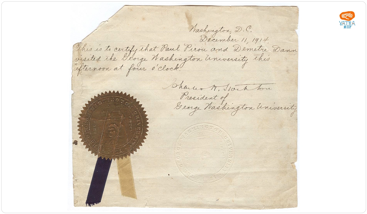 Charles Herbert Stockton — Certificat prin care se atestă că D. Dan și Paul Pârvu au vizitat Universitatea George Washington