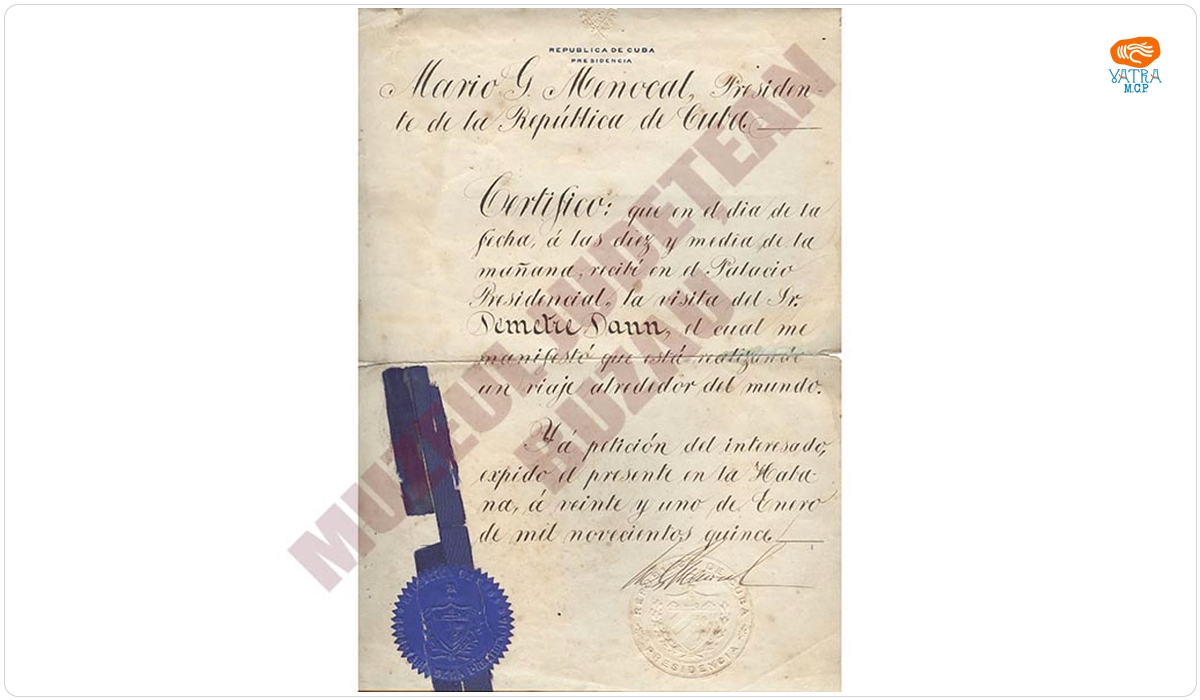 Președinția Cuba; președintele Mario G. Menocal — Certificat prin care se atestă că Dumitru Dan a vizitat Președinția Republicii Cuba