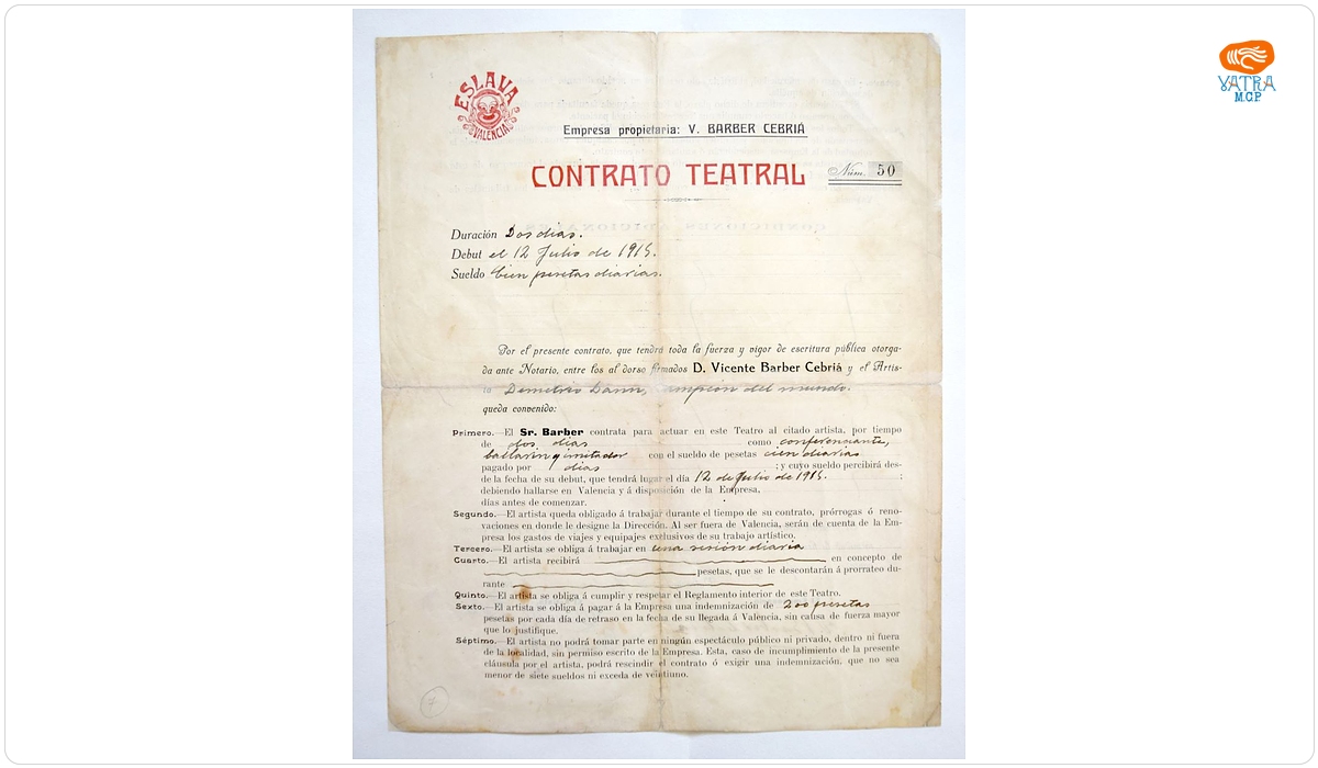 Teatrul Eslava — Contract teatral încheiat între D. Dan și teatrul Eslava din Valencia, Spania