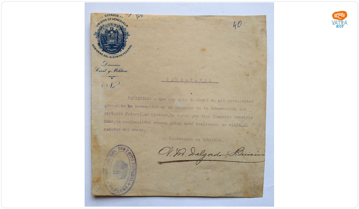 Guvernul Districtului Federal Caracas — Certificat prin care se atestă vizita lui Dumitru Dan la Guvernul Districtului Federal Caracas