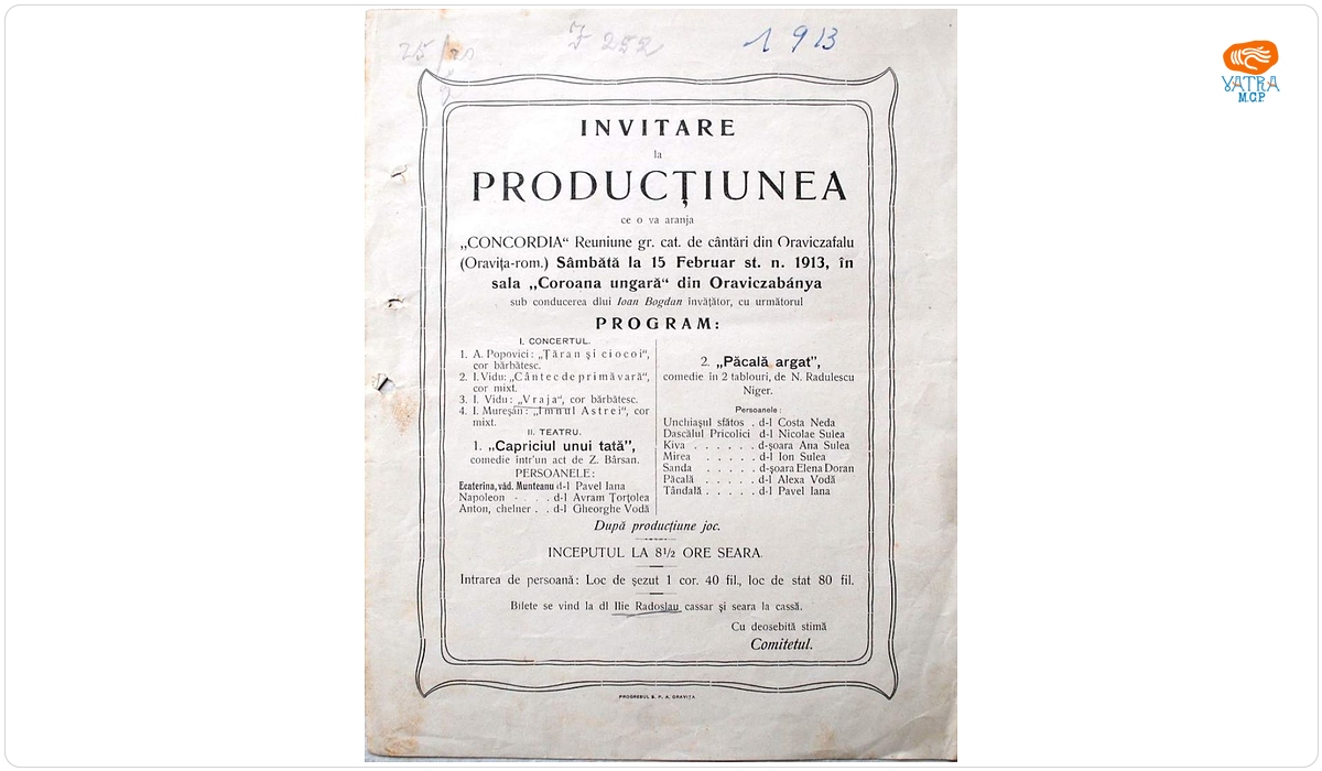 Invitație la spectacolul organizat de Reuniunea „Concordia”