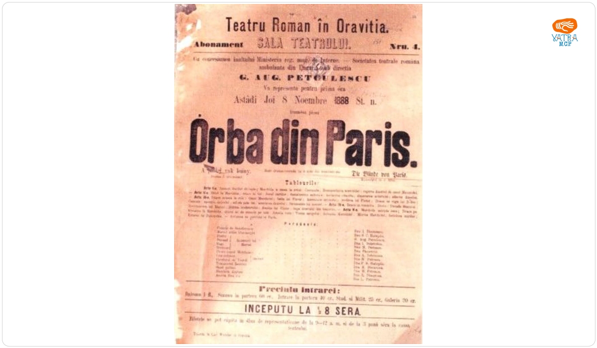 Afiș al Teatrului Român din Oravița pentru drama-comedia „Orba din Paris”