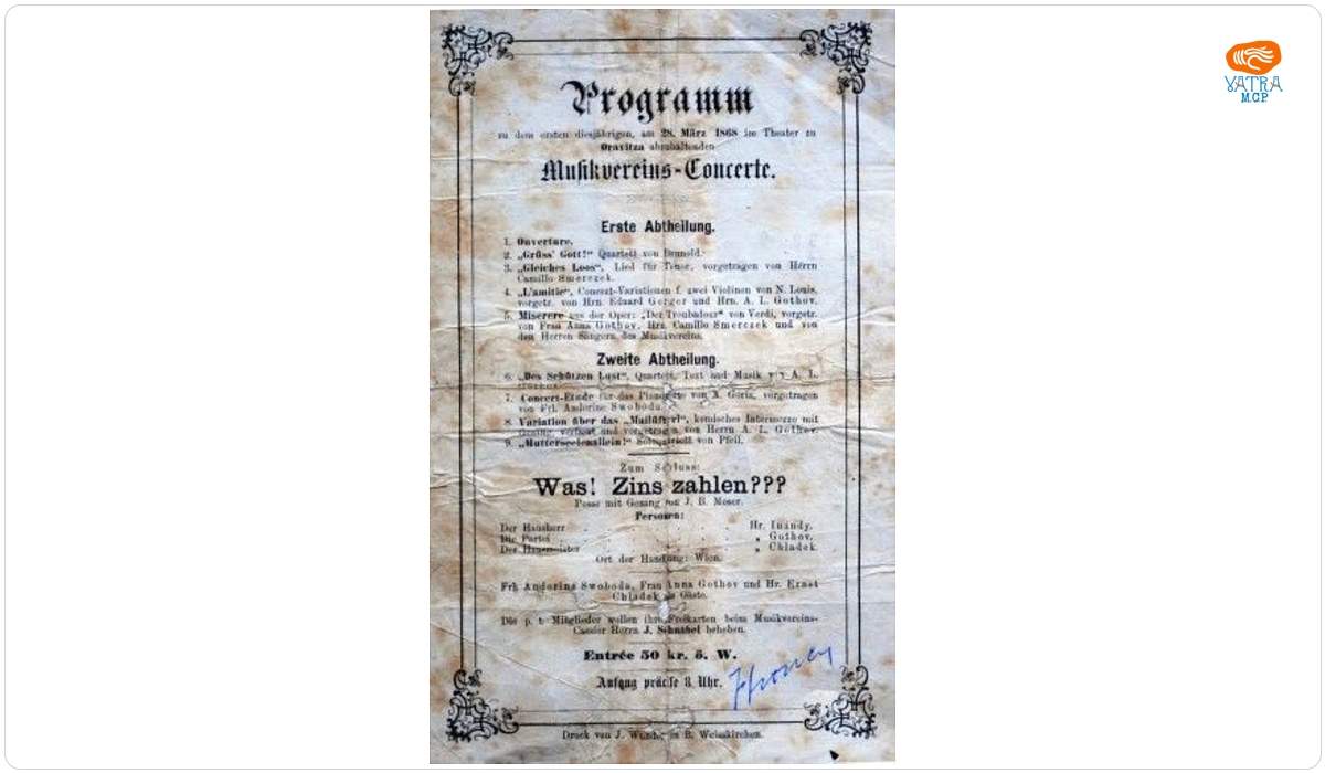 Program pentru primul concert al anului 1868 la teatrul din Oravița