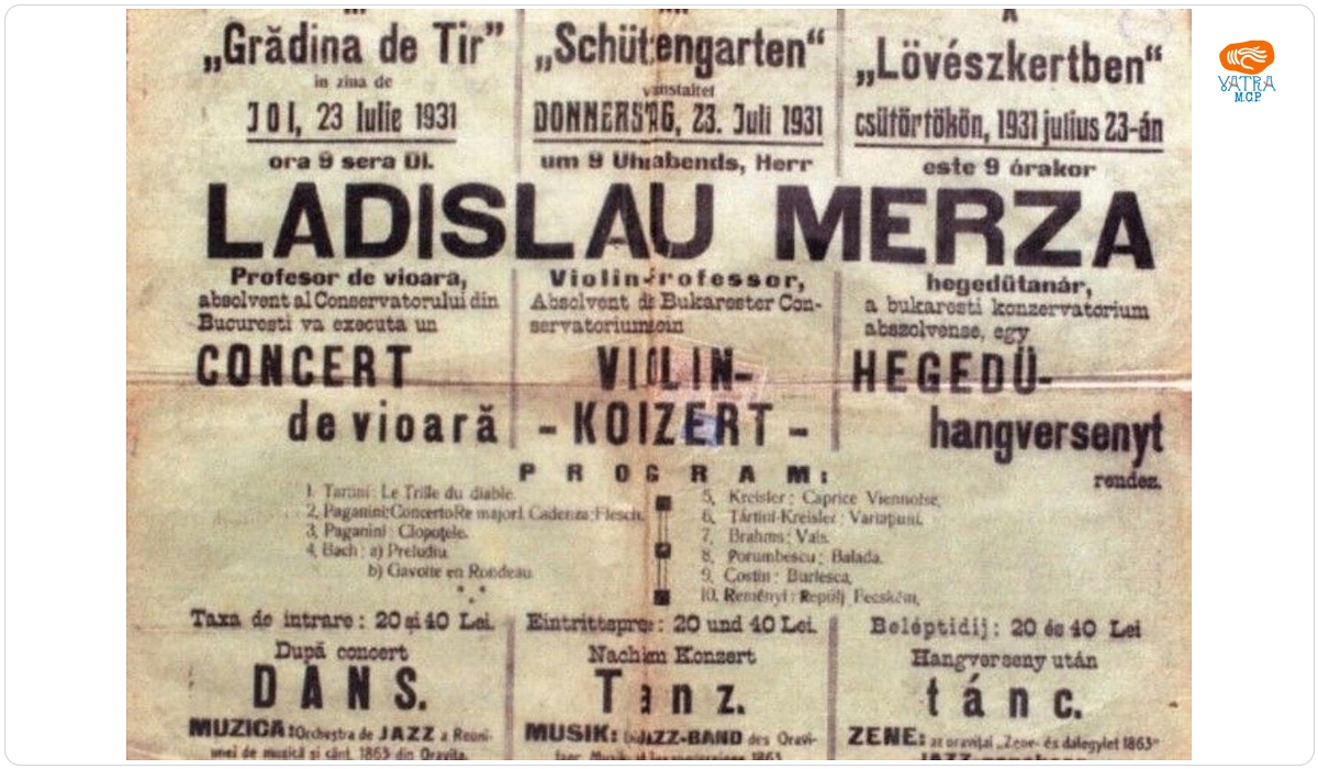 Afiș pentru concertul de vioară susținut de Ladislau Merza