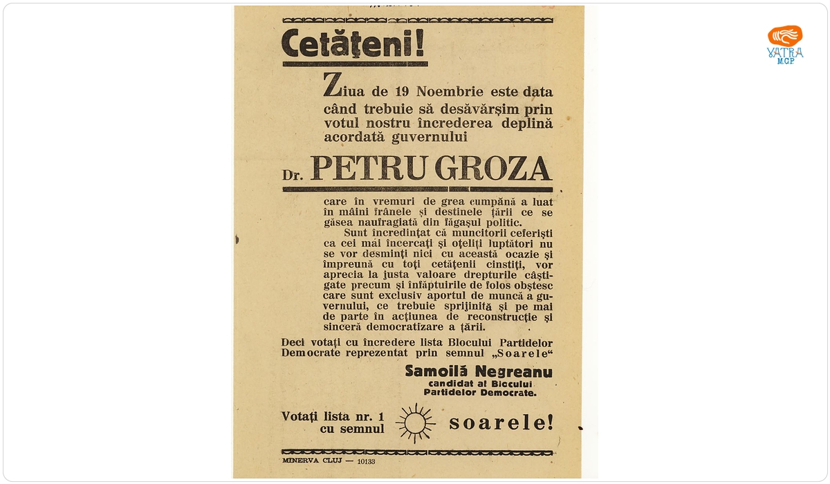 În 19 noiembrie trebuie prin "votul nostru să desăvârșim încrederea deplină acordată guvernului Dr. Petru Groza"