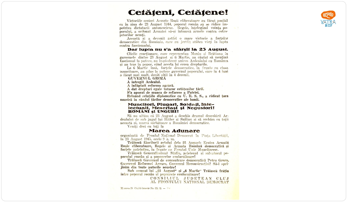 Chemare la Marea Adunare organizată de FND în P-ța Libertății Cluj, la 23 aug. 1945