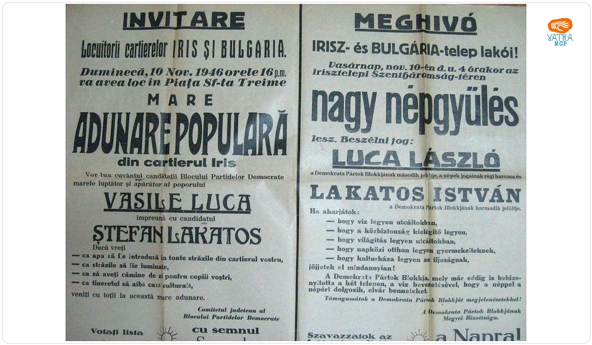 Invitare la Adunarea Populară din cartierul Iris organizată de către Blocul Partidelor Democrate, 10 nov. 1946