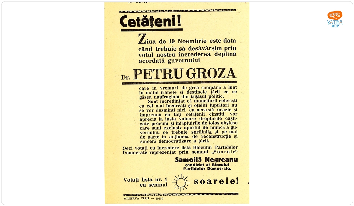Cetățenii sunt chemați în 19 nov. la vot pt. a vota Dr. Petru Groza
