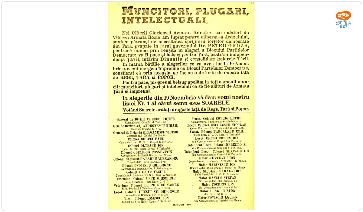 Muncitori, Plugari, Intelectuali votați SOARELE, apel al armatei române