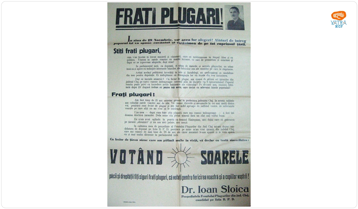 Apel al președintelui Frontului Plugarilor din jud. Cluj, Dr.Ioan Stoica, pentru a vota Soarele