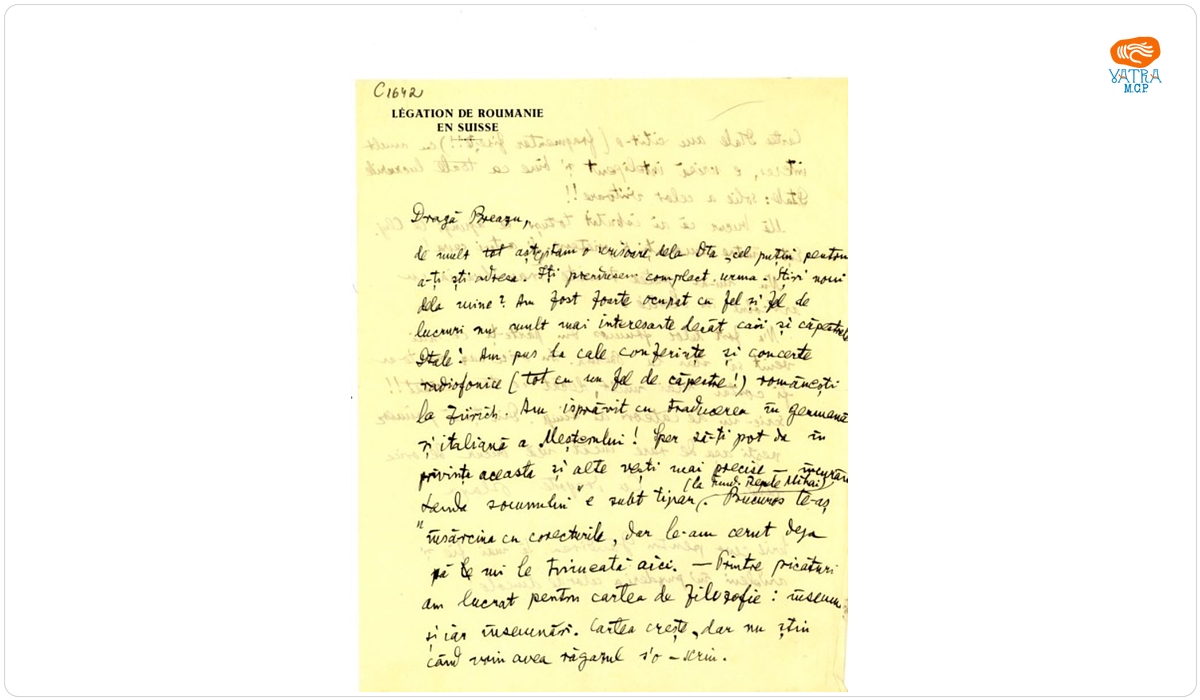 Blaga îi relatează lui I. Breazu activitatea sa la Legația Română din Elveția (organizează conferințe și concerte radiofonice românești la Zurich) și planurile literare