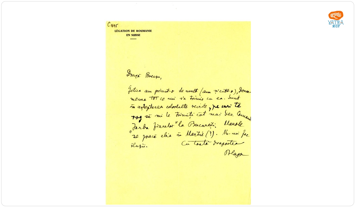 Lucian Blaga — Blaga îl scrie lui Breazu despre lecturile sale, și despre programarea, pe martie, a piesei „Meșterul Manole”, pt. a fi jucată la Berna