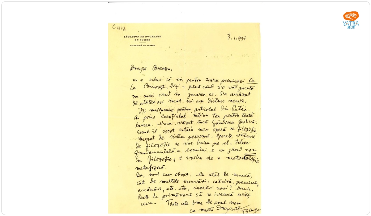 Blaga îi scrie lui Breazu despre posibilitatea de a veni la București la premiera „Cruciadei” și despre „Eon” care este prima sa operă filozofică, „un gând nou în filozofie”